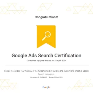 Google Ads Search Certification of Freelance Digital Marketer in Calicut