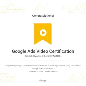 Google Ads Video Certification of Freelance Digital Marketer in Calicut
