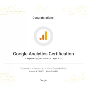 Google Analytics Certification of Freelance Digital Marketer in Calicut