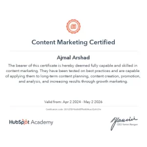 HubSpot Certification of Freelance Digital Marketer in Calicut
